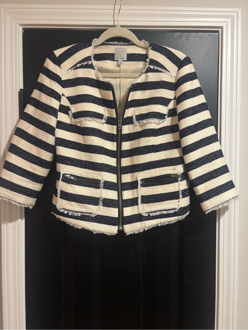 Halogen Navy and Cream Striped Tweed Zip Jacket